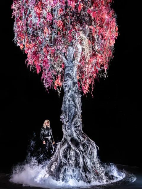 A man in a suit of armour stands in front of  large tree covered in red leaves. There are faces in the trunk of the tree and smoke coming from the base of the tree.