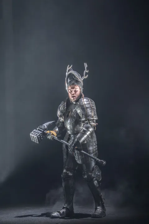 A man wearing a full suit of armour stands in the centre of the image. He holds a large Warhammer and wears a helmet with deer antlers on.
