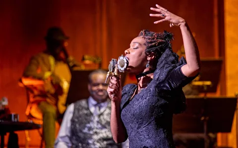 A woman in a black dress passionately sings into a vintage microphone on stage, with one hand raised. Two musicians in the background play instruments under warm, dramatic lighting.
