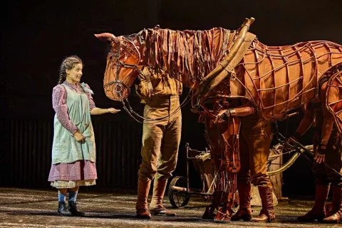 A young woman in a dress extends her hand to a large, life-sized horse puppet operated by people in costume on a dimly lit stage.