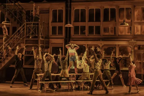 Students of the Highschool of Performing Arts stood on canteen tables and performing 'Hot Lunch Jam'. Credit: Johan Persson