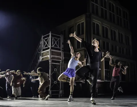 Dance class performing, lead by Mr Bell (Edwin Ray). Credit: Johan Persson