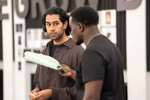 478 Sachin K Sharma FranceCaptain and Fode Simbo Edmund in rehearsals for King Lear. Photo by Johan Persson