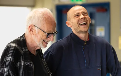005 Ian McDiarmid King Lear and Max Revell Fool in rehearsals for King Lear. Photo by Lucy Smith Jones