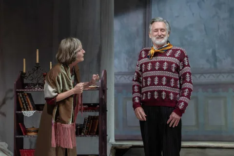 A woman wearing a green velvet shawl and brown dress stands on the left of the image in front of a wooden bookcase. A man stands next to her smiling wearing a red and white jumper and yellow necktie.