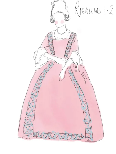 Rosalind 12. A sketch of a model wearing a pink, 18th century-style dress.