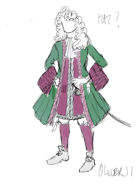 Oliver II. A sketch of a model wearing a green and purple, 18th century-style costume with a wig.