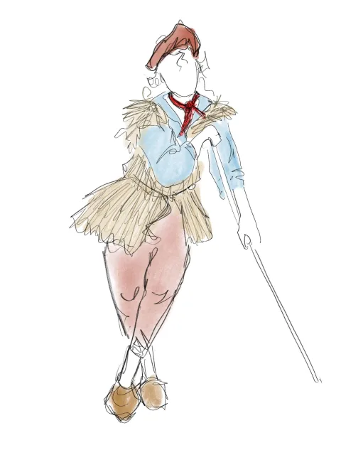 A sketch of a model wearing a colourful costume and a red beret, holding a stick.
