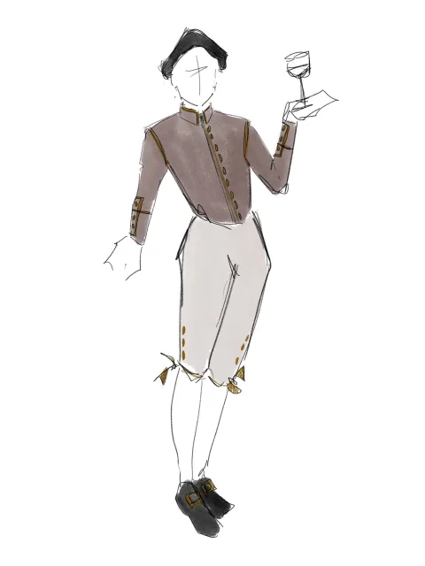 A sketch of a model wearing a neutral-coloured costume and holding a wine glass in one hand.