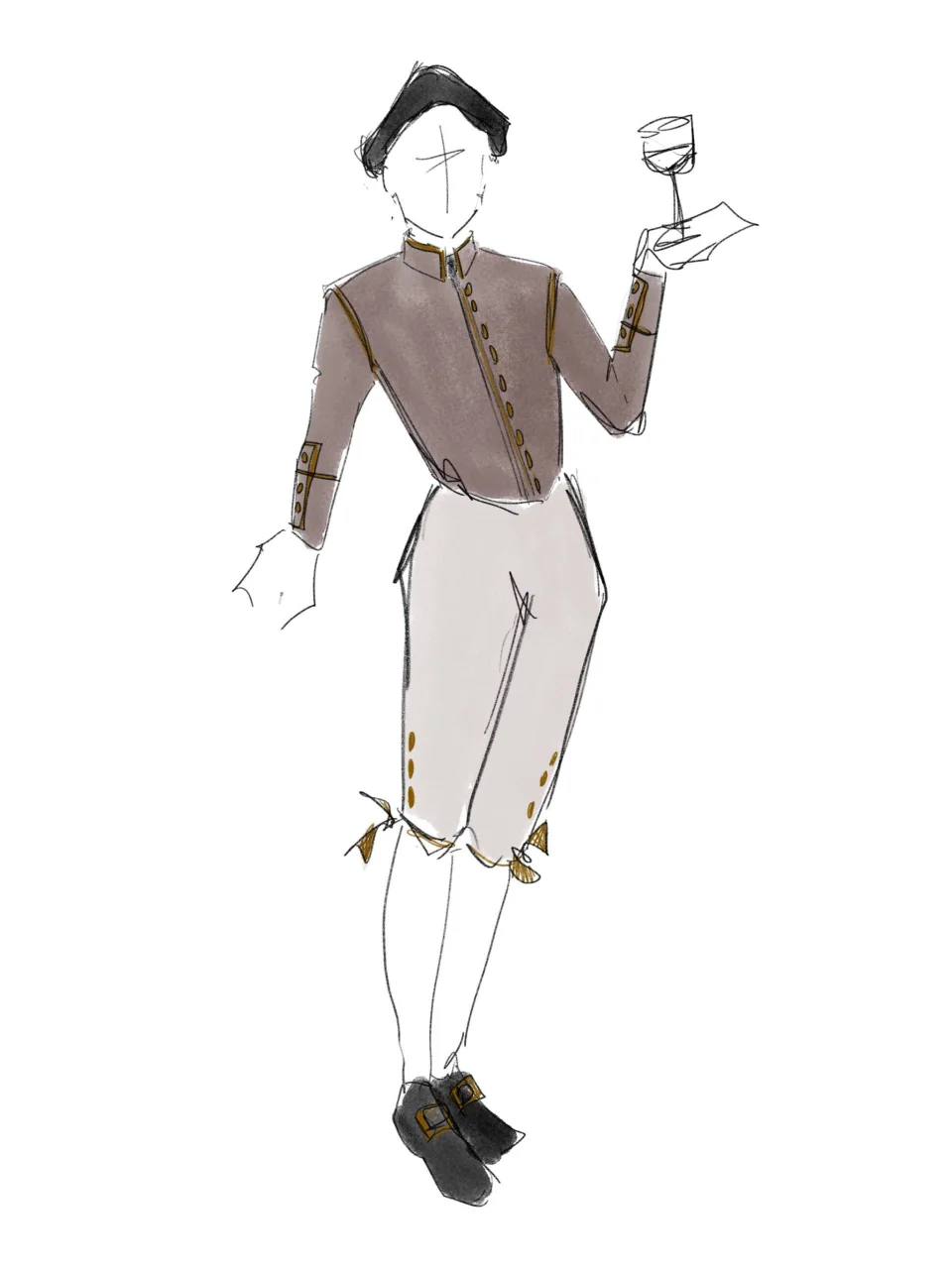 A sketch of a model wearing a neutral-coloured costume and holding a wine glass in one hand.