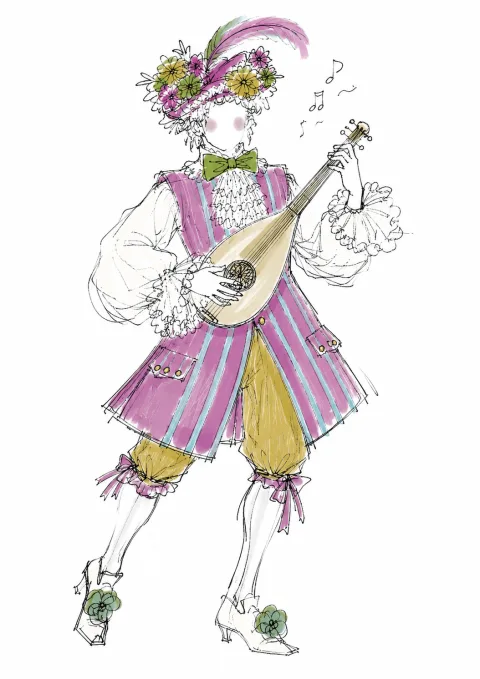 A sketch of a model wearing a pink and blue striped, 18th century-style costume, and holding a musical instrument.