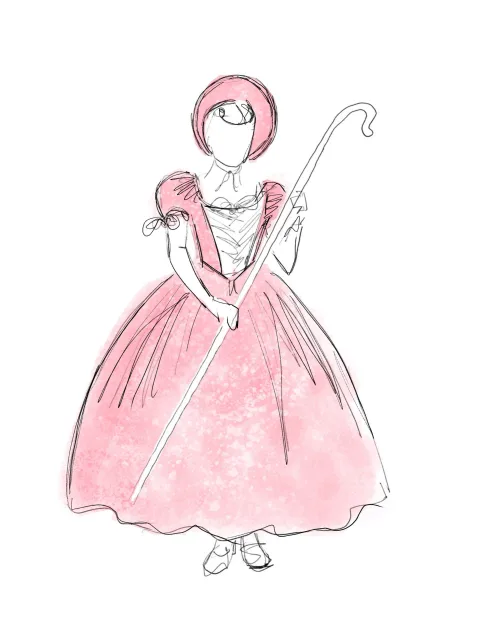 A sketch of a model wearing a pink dress and bonnet, holding a shepherd's crook.