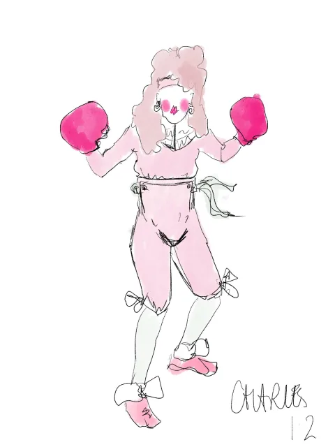 Charles 12. A sketch of a model wearing a pink suit with pink boxing gloves and a pink wig.