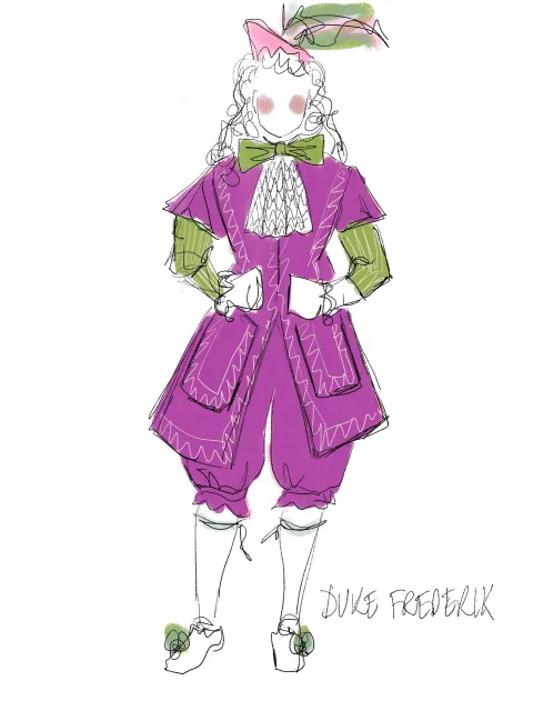 Duke Frederick. A sketch of a model wearing a purple 18th century style-costume with green bows and feathers.