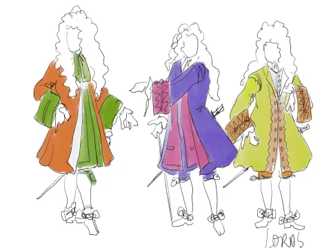 Lords. A sketch of three models wearing brightly coloured, 18th century-style dress and wigs.