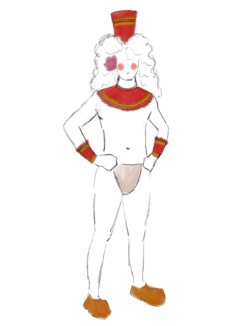 A sketch of a model wearing red accessories.