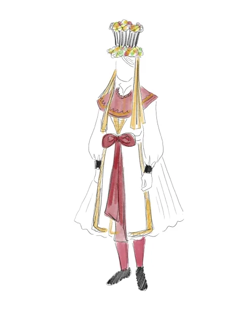 A sketch of a model wearing a white costume with red and yellow detailing, and a colourful headdress.