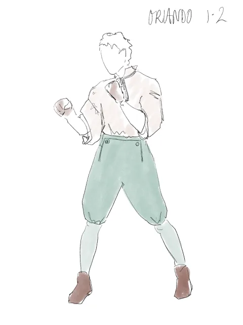 Orlando 12. A sketch of a model wearing under garments and holding their fists up as though boxing.