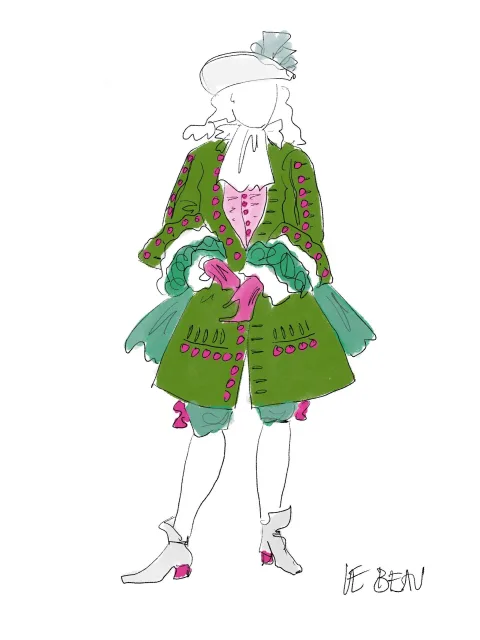 Le Beau. A sketch of a model wearing a pink and green 18th century-style costume.