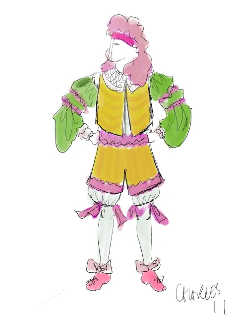 Charles II. A sketch of a model wearing a yellow, pink and green 18th century costume with a pink wig.